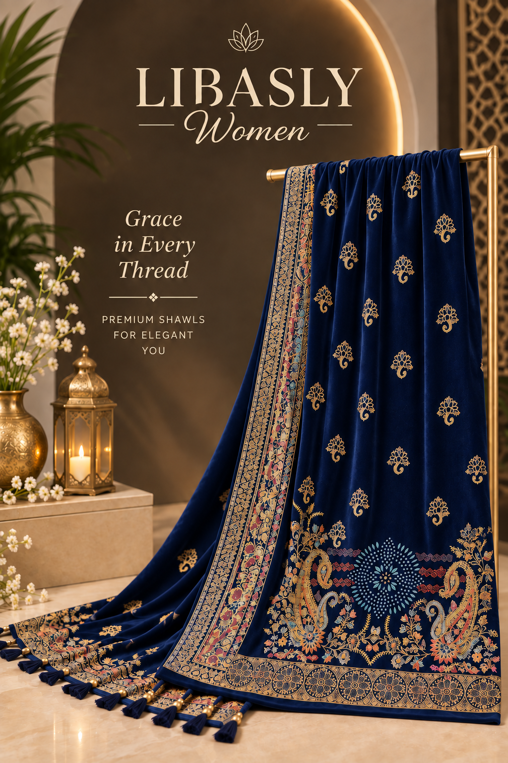 Ladies Embroidered Shawl ( Navy Blue )