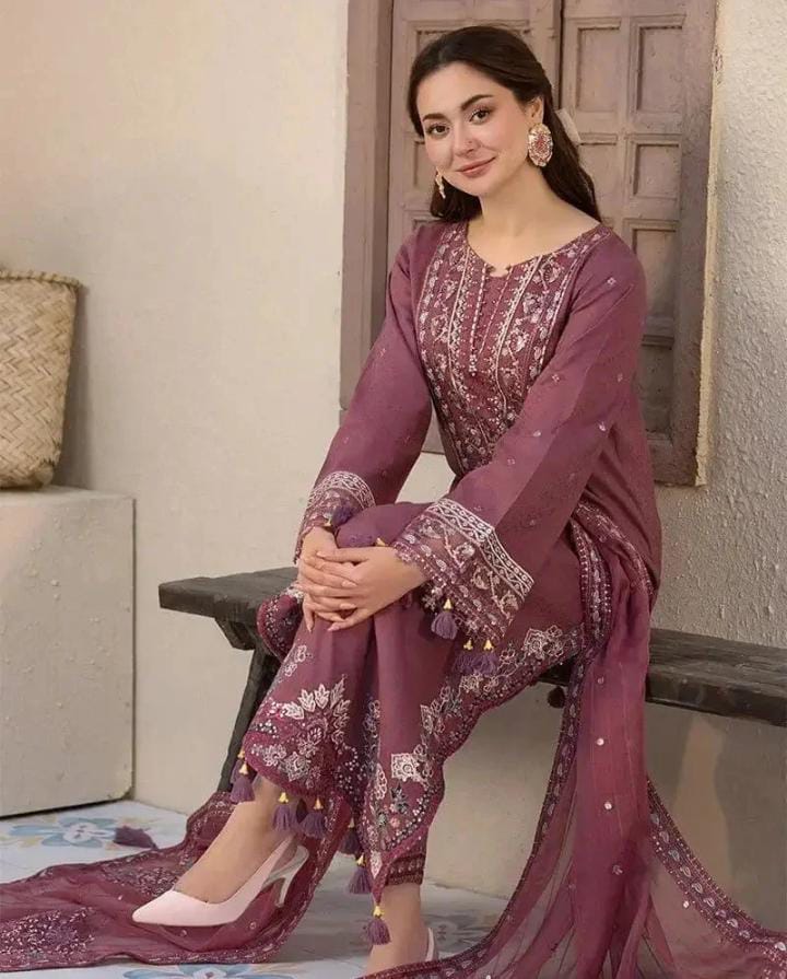 Dhanak 3-Piece Embroidered Suit with Chiffon Embroidered Dupatta (Art: 3286)
