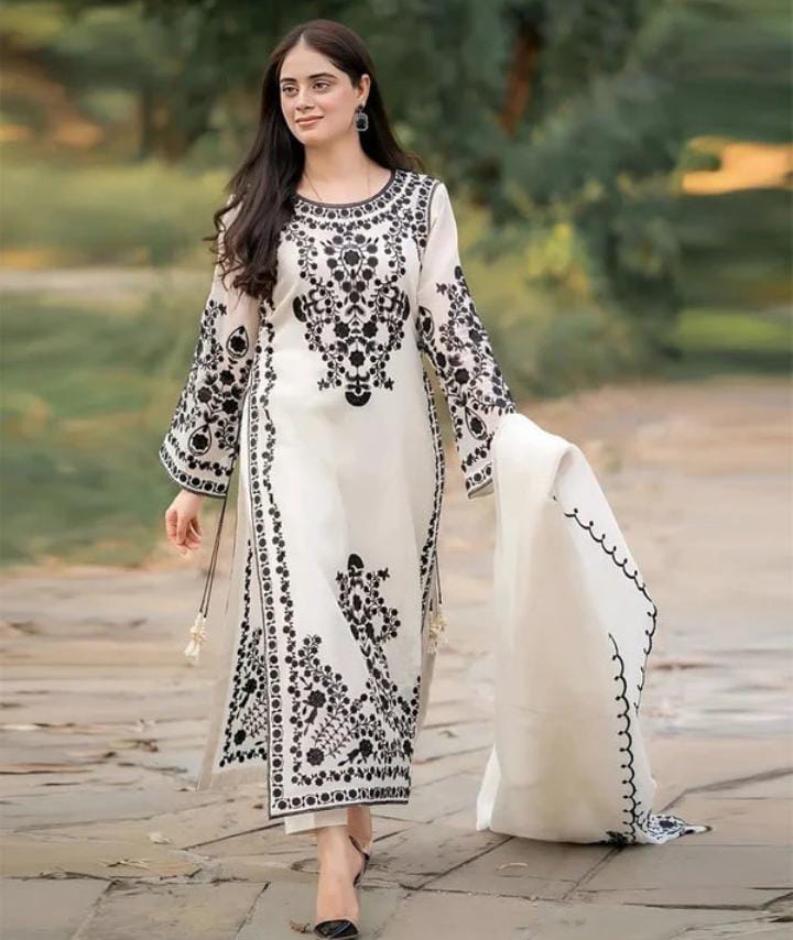 Dhanak 3-Piece Embroidered Suit with Chiffon Four-Sided Embroidered Border Dupatta (Art: 6019)