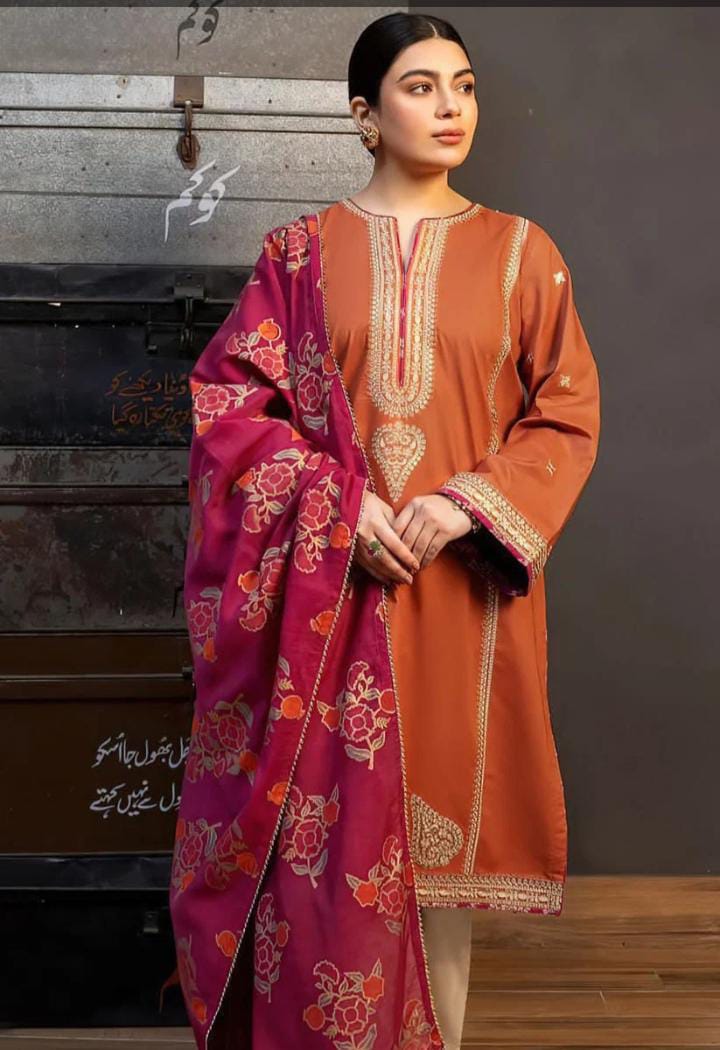 Dhanak 3-Piece Embroidered Suit with Digital Printed Wool Shawl (Art: 691)