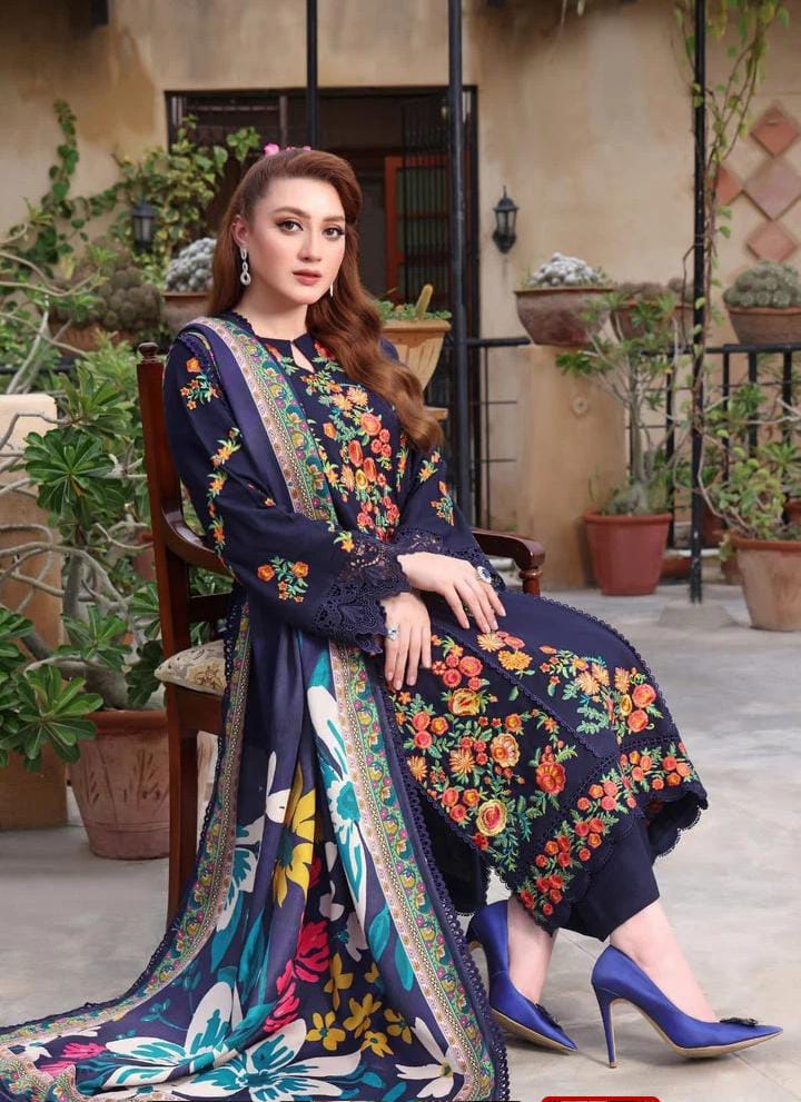 Dhanak 3-Piece Embroidered Suit with Digital Printed Wool Shawl (Art: 3545)