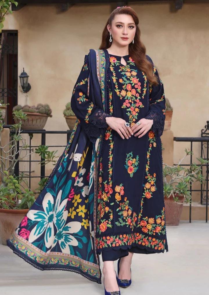 Dhanak 3-Piece Embroidered Suit with Digital Printed Wool Shawl (Art: 3545)