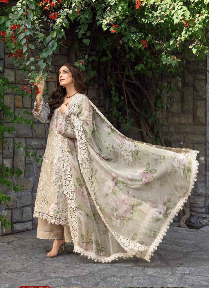 Dhanak 3-Piece Chikankari Embroidered Suit with 4-Sided Embroidered Pallu Wool Shawl (Art: 6385)