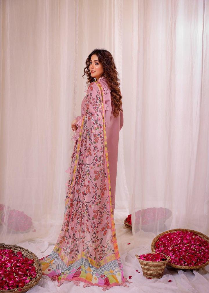 Dhanak 3-Piece Embroidered Suit with Digital Printed Wool Shawl (Art: 664)