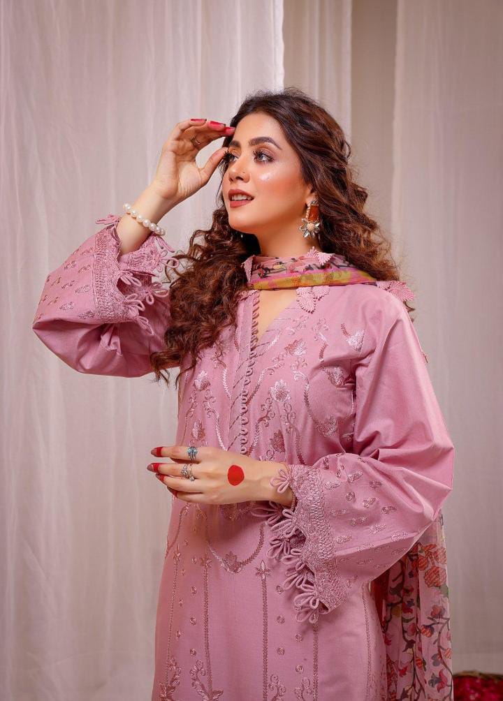 Dhanak 3-Piece Embroidered Suit with Digital Printed Wool Shawl (Art: 664)