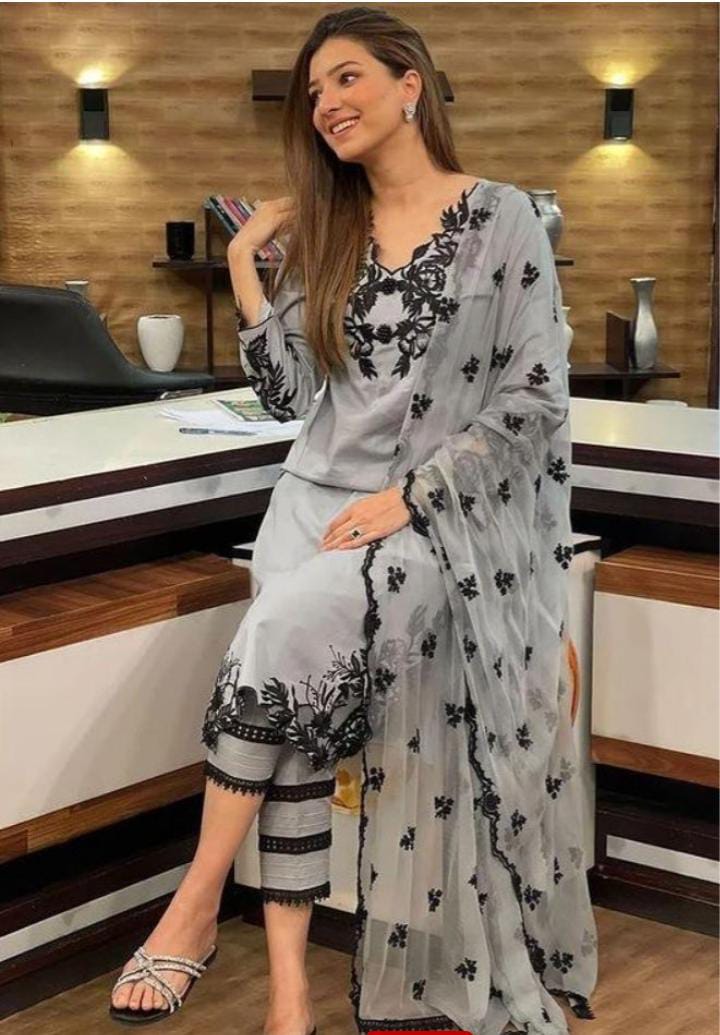 Dhanak 3-Piece Embroidered Suit with Chiffon Embroidered Dupatta (Art: 6138)