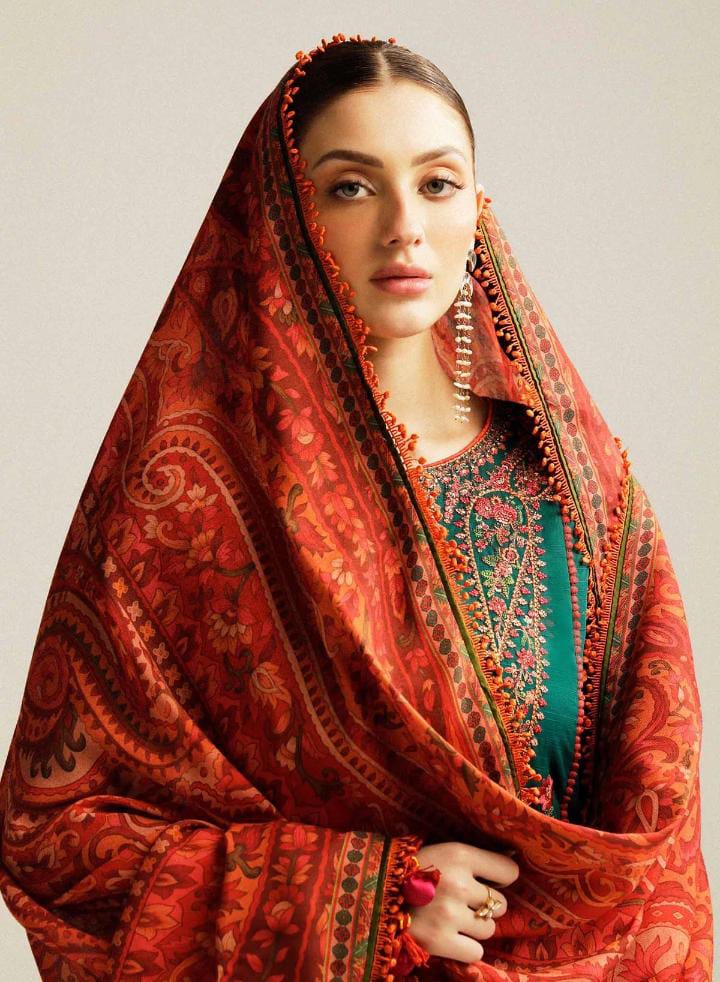 Dhanak 3-Piece Embroidered Suit with Digital Printed Wool Shawl (Art: 6113)