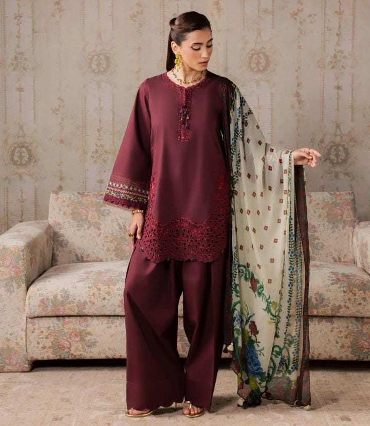 Dhanak 3-Piece Chikankari Embroidered Suit with Digital Printed Wool Shawl (Art: 6457)